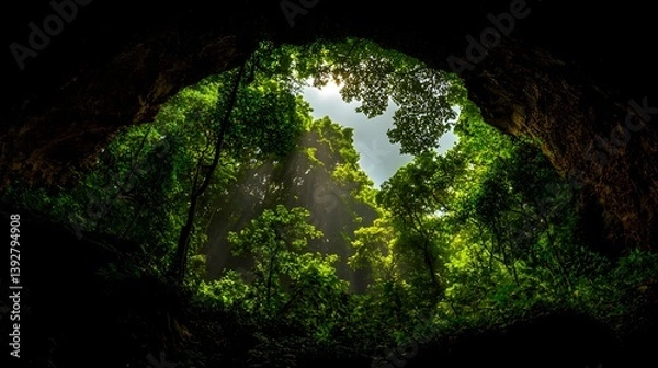 Obraz Lush Green Canopy with Sunlight Streaming Through Trees in a Tranquil Forest Setting