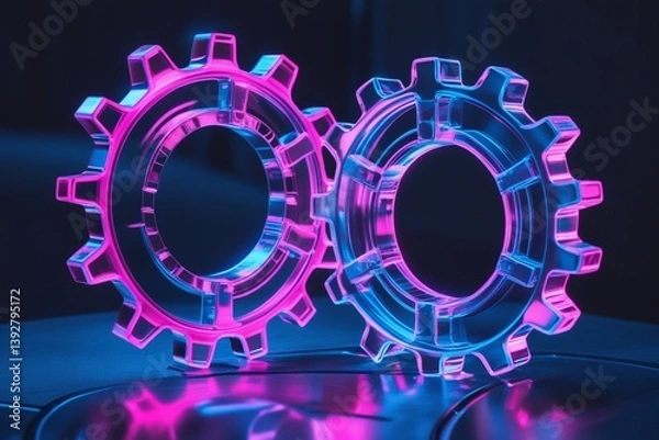 Fototapeta Two translucent 3D gear wheels with a glass-like appearance, illuminated by vibrant pink and blue neon lighting