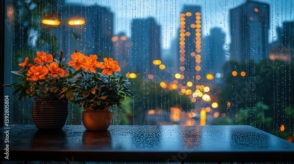 Fototapeta Cozy Rainy Day Scene with Flowers Overlooking a Cityscape Through a Window