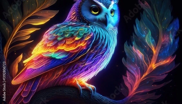 Fototapeta Luminous Owl Perched on Branch with Neon Colored Feathers and Plumage