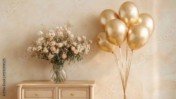 Fototapeta Beautiful golden air balloons with home decor and flowers on commode near beige wall at home