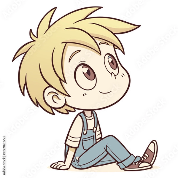 Fototapeta A cheerful boy with light blonde hair and overalls sits on the ground, looking up with a joyful expression. He seems lost in thought on a sunny day, surrounded by nature
