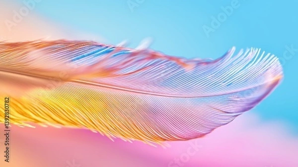 Fototapeta A microscopic feather drifting gently across a gradient background, ultra soft textures and high contrast light