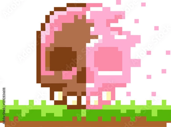 Fototapeta pixelated cow couple, pink and brown, digital art on grass platform with pixel effects