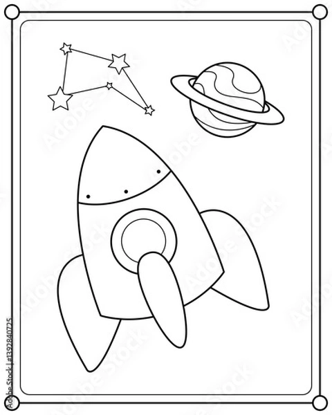 Fototapeta Rocket in space suitable for children's coloring page vector illustration