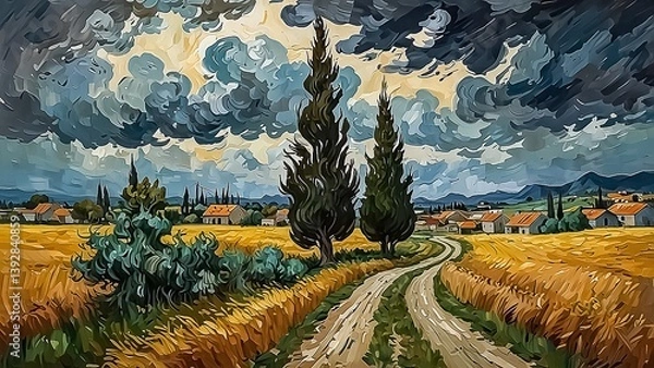 Fototapeta Narrow Country Path Winding Through Fields of Gold and Cypress Trees