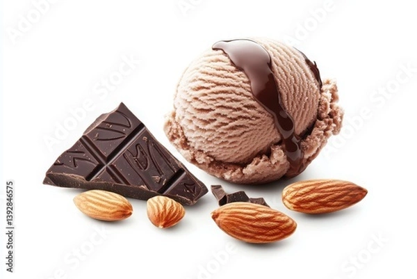 Fototapeta Rich chocolate ice cream scoop with glossy drizzle and almonds on a clean white background