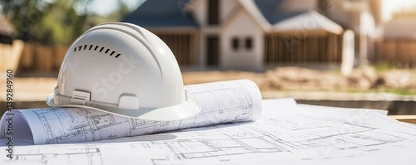 Fototapeta A construction site featuring a safety helmet atop blueprints, with a partially built house in the background.