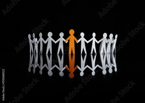 Fototapeta A group of white paper people standing in a circle around one person wearing an orange hooded robe, vector illustration, black background.