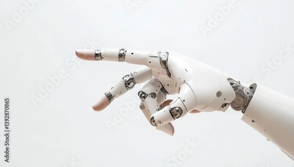 Obraz A human hand reaching or pointing towards an AI robot's finger, symbolizing the connection between humans and artificial intelligence in technology.