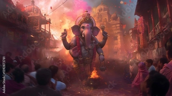 Obraz Lord Ganesha Procession in a Festive Indian Setting