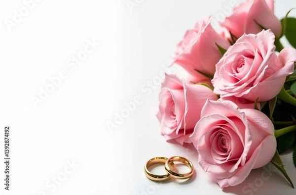Obraz Pair of wedding rings with pink roses on a white background. Wedding photo background with space for text on the side.