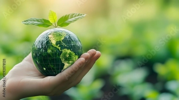 Fototapeta Sustainable Globe in Hand - ISO 14064 Compliance and Carbon Footprint Monitoring, Digital Transformation