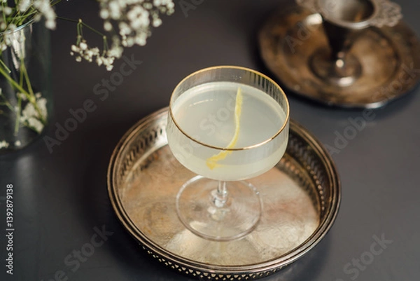 Fototapeta Vintage cocktail garnished with a lemon twist, resting on a decorative silver tray, evoking elegance and luxury for a refined dining or party experience, captured in a detailed presentation.