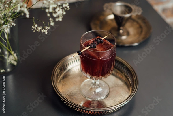 Fototapeta Sophisticated glass of a rich red cocktail garnished with dried fruit, presented on a decorative metal tray with flowers in the background, conveying a sense of luxury and style.
