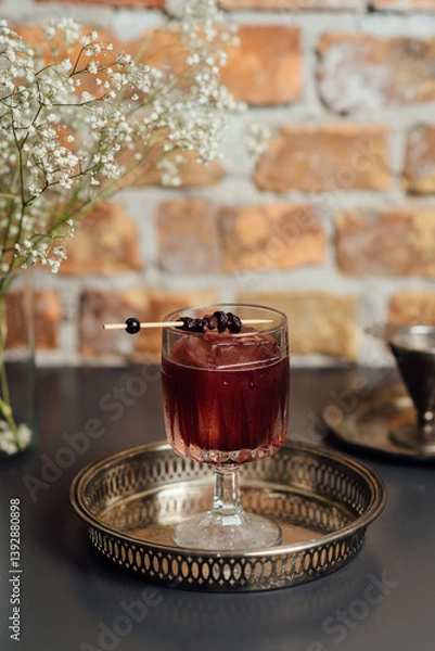 Fototapeta Rich red cocktail garnished with dried fruit, presented on a decorative metal tray with flowers in the background, vertical composition