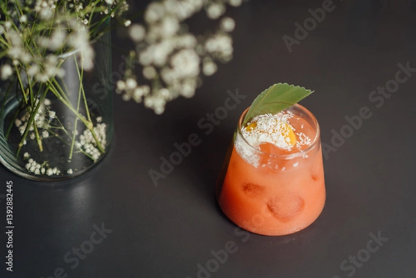 Fototapeta Vibrant cocktail with a garnish displayed on a stylish dark table beside  flowers in glass vase, evoking sophistication and elegance.