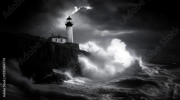 Obraz A lighthouse with giant sea tide wave in a hurricane storm.