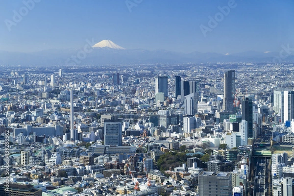 Fototapeta 東京都市風景　富士山と渋谷中心街　都心の街並全景