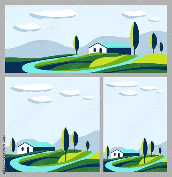 Fototapeta Abstract landscape in geometric style. wide, square and vertical banner