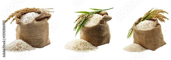 Obraz Set of Rice Grains in Burlap Sack with Rice Plant Isolated on Transparent Background, PNG