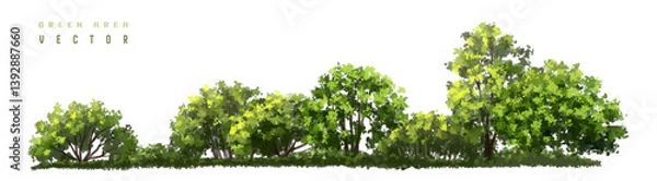 Fototapeta Vertor set of green tree,plants side view for landscape elevations,element for backdrop,eco environment concept design,watercolor greenery scene,shrub