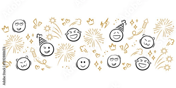 Fototapeta Set of sketch party celebration elements. Cute Doodle emoji. Cute line doodle emoji, fireworks, sparks, stars. Vector illustration