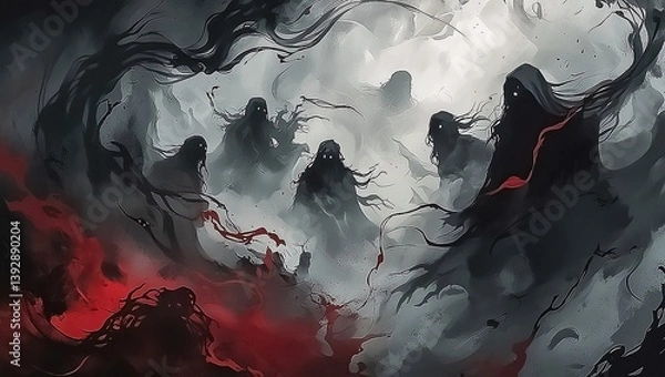 Fototapeta Veil of Shadows: The Haunting Spirits of the Mist Realm