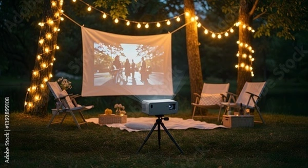 Fototapeta Outdoor movie night setup with projector screen chairs and string lights in a backyard setting