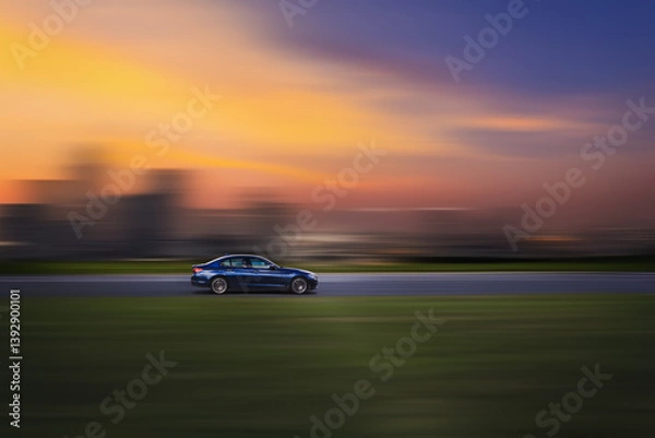Obraz Side view of a fast-moving car, with a blurred sunset sky in the background. Car on a motion blurred background