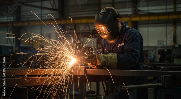 Fototapeta Welder creating sparks while working on metal fabrication  