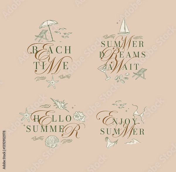 Fototapeta Summer mood letterings with beach theme icons illustrations collection drawing on brown background