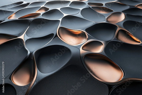 Fototapeta Abstract metallic surface design with interconnected geometric shapes, featuring black, silver, and copper textures under dramatic lighting.