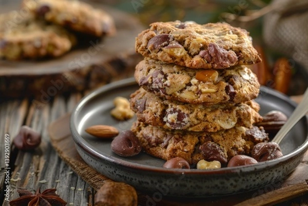 Fototapeta Deliciously baked cookies golden brown treats with chocolate chips and nuts awaiting indulgence