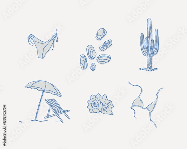 Fototapeta Summer vacation icons collection bikini shell cactus beach umbrella and chair swimsuit drawing in graphic style on blue background