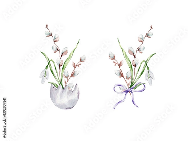 Obraz Two bouquets of snowdrops, willow, batik and eggshell on a white background.
