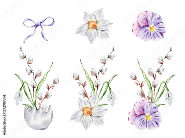 Obraz Set with different Easter bouquets with snowdrops, daffodils, willows, violets and separate elements of flowers and a bow on a white background.