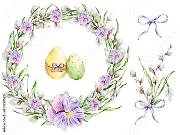 Obraz Set with colorful Easter eggs, leaves, a bow and a bouquet of snowdrops, willow and violets on a white background.