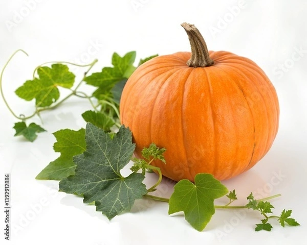 Obraz Orange autumn pumpkin, a seasonal vegetable and fruit, rests isolated on white with its stem and leaves, embodying the fall harvest and Thanksgiving decoration