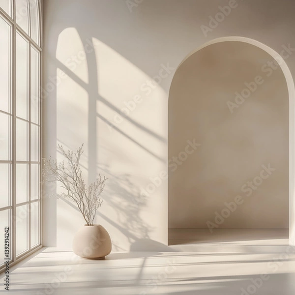 Fototapeta Minimalist scene with a potted dry flower or brunch against a white wall. The tree stands alone, casting a shadow on white minimal background. Simple, serene, and minimalist  beige design 