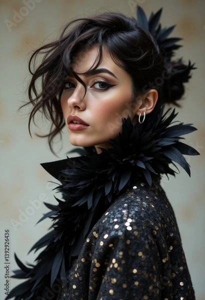 Fototapeta  a woman wearing a black dress with gold sequins and feathers adorning her shoulders The background is blurred, giving the image a dreamy, ethereal feel