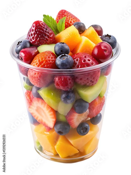 Fototapeta Fresh mixed fruit slices in a clear plastic cup on white, ideal for health, diet, or takeout concepts