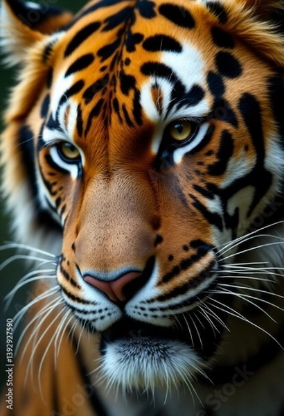 Fototapeta   a close up of a tiger's face, with its intense gaze and powerful presence Its fur is a deep orange-brown color, and its eyes are a piercing yellow Its whiskers are long and its ears are perked up, 
