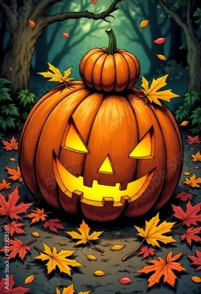 Fototapeta   a jack-o'-lantern in the woods surrounded by autumn leaves The pumpkin is illuminated by the light of the moon, casting a warm glow on the surrounding foliage