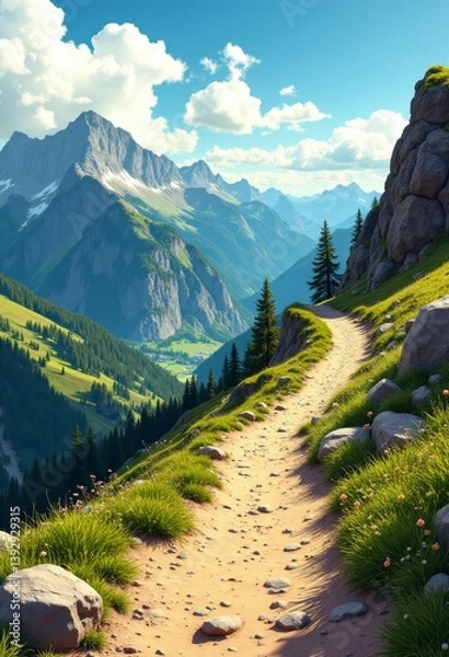 Fototapeta  a path winding through a mountain landscape, surrounded by lush green grass, vibrant flowers, tall trees, rolling hills, and a bright blue sky dotted with fluffy wh