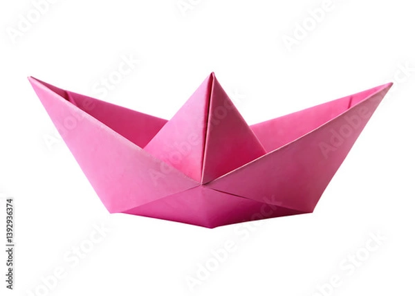 Fototapeta Pink paper boat folded by hand, isolated on white for craft, child play, or imagination themes.