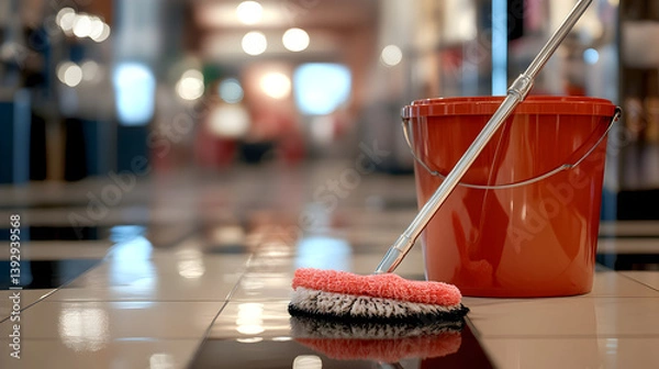 Fototapeta mop and bucket set on a tiled floor, with a sparkling clean surface in the background 