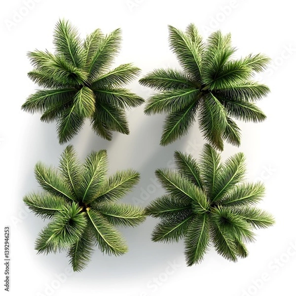 Fototapeta Four Overhead Views of Green Palm Trees Against White Backgrounds