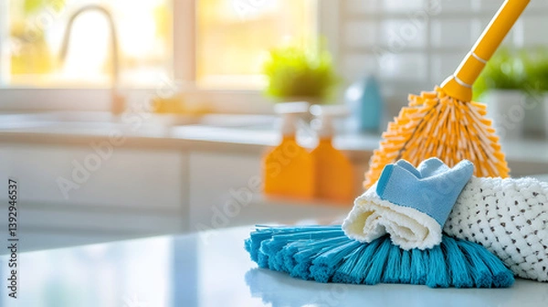 Obraz of eco-friendly cleaning tools, including wooden brushes and natural sponges, arranged on a sustainable surface 