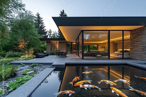 Fototapeta Modern architectural home with water features and outdoor relaxation spaces